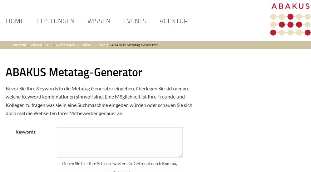 Landingpage ABAKUS Metatag-Generator