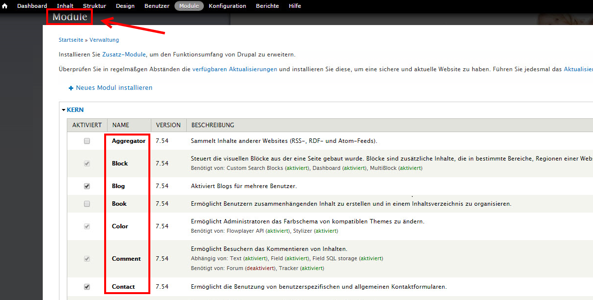 Drupal Backend: Verwaltung der (SEO) Module