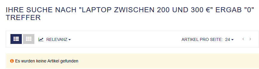 Website Suchfunktion ohne gefundene Ergebnisse