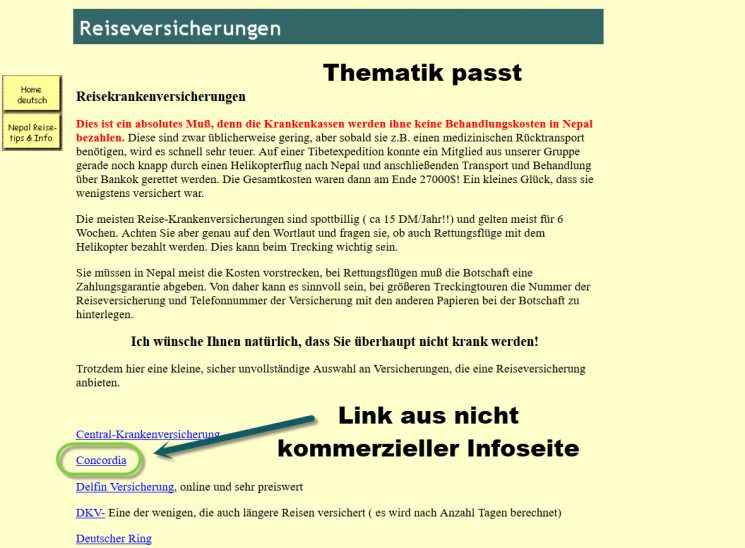 Private Homepage mit der Thematik Reiseversicherung hat einen thematischen Backlink gesetzt