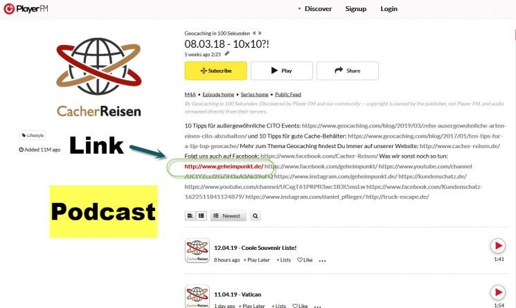 Bild des Verweises in der Beschreibung des CacherReisen-Podcasts