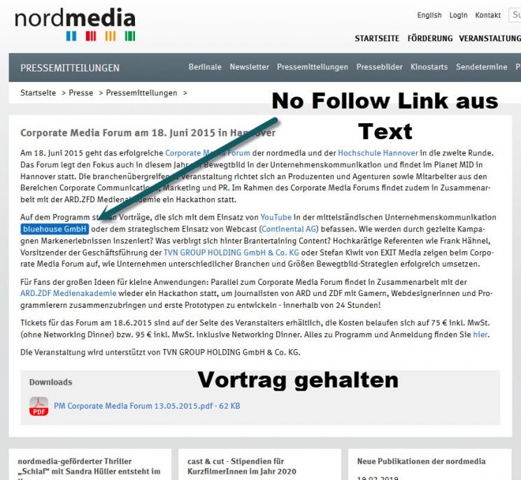 Markierter Screenshot mit Links zu verschiedenen Firmen in einer Pressemeldung der Firma nordmedia