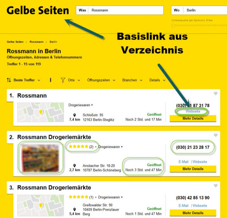 Markierte Gelbe Seiten Branchenbuch Einträge mit Webseitenangabe und Öffnungszeiten