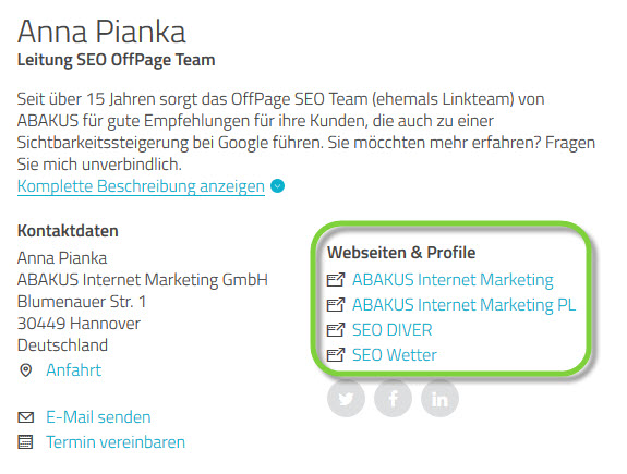 Proven Expert Eintrag zeigt die Webseiten und Profile