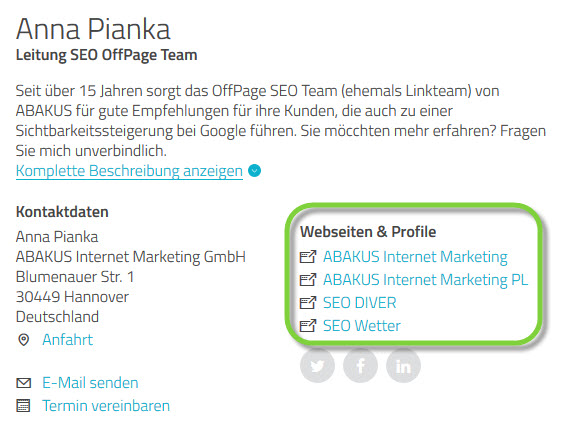 Proven Expert Eintrag zeigt die Webseiten und Profile