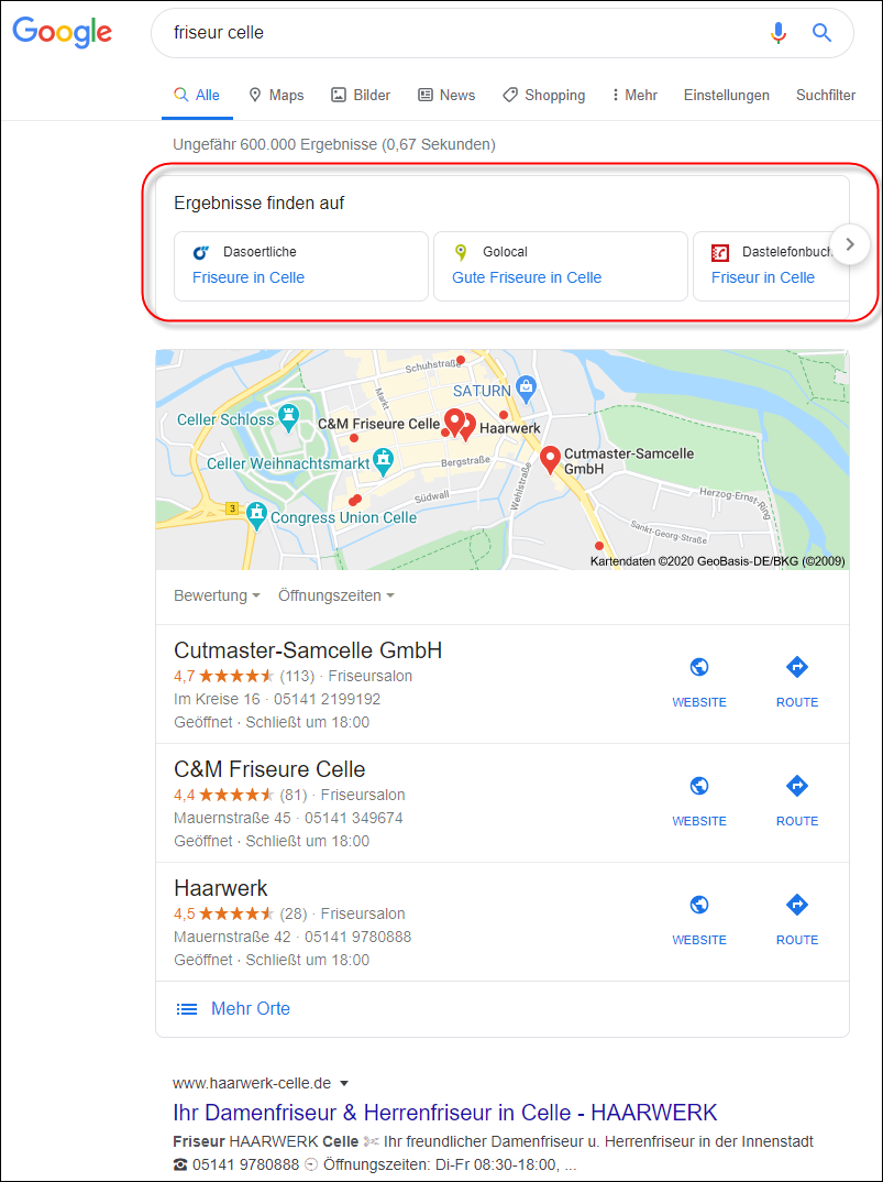 Google my Business: Drittanbieter Box über lokalem Suchergebnis