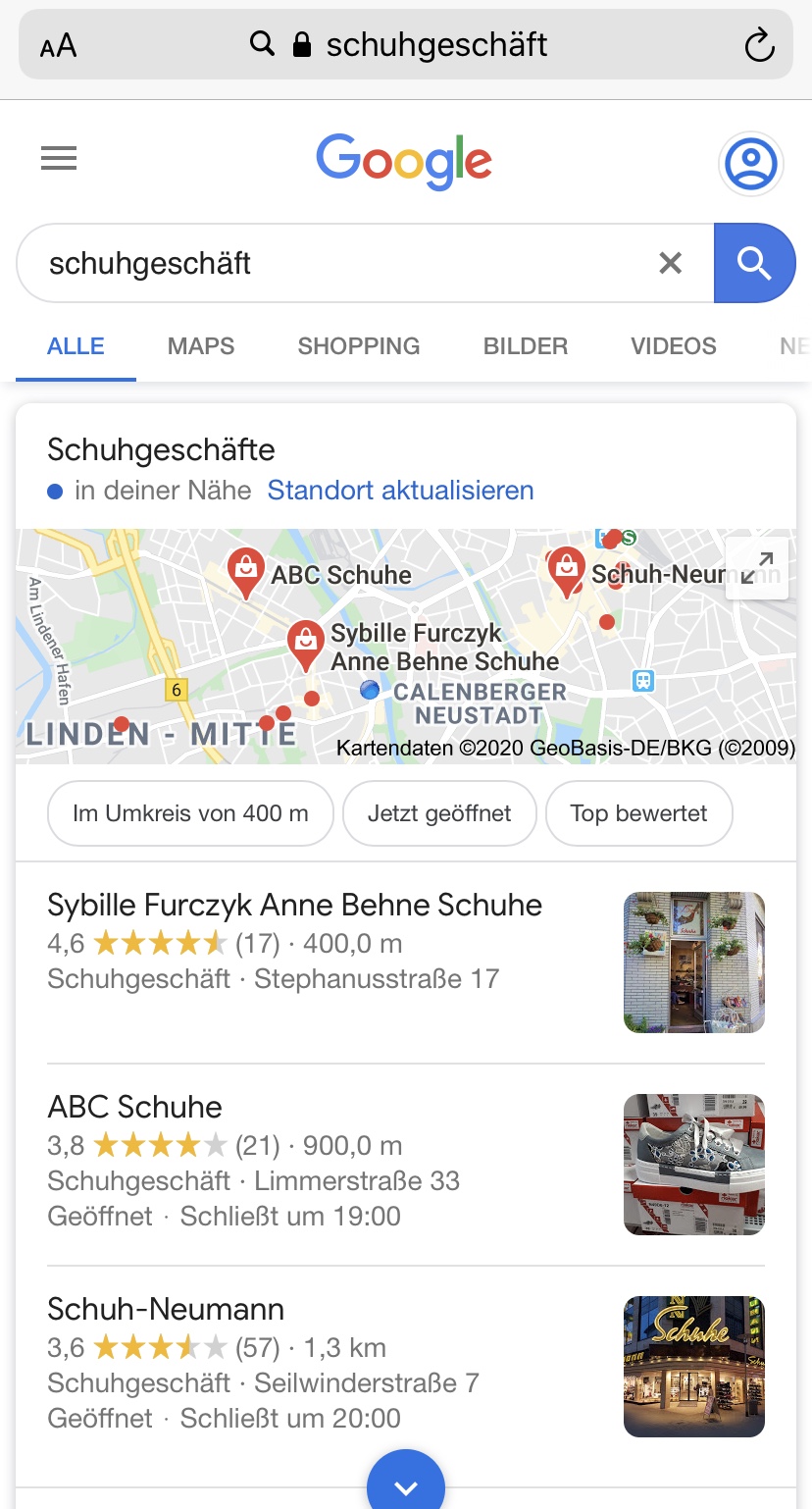 Google My Business: Local Snack Pack am Smartphone 2