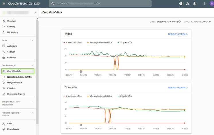 Darstellung der Core Web Vitals in der Google Search Console