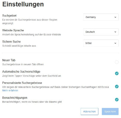 Ecosia Einstellungen