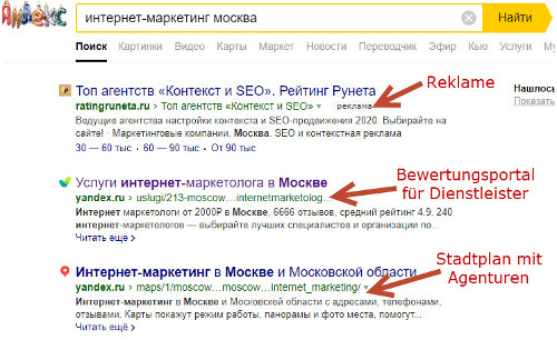 Screenshot Yandex: Internet Marketing Moskau