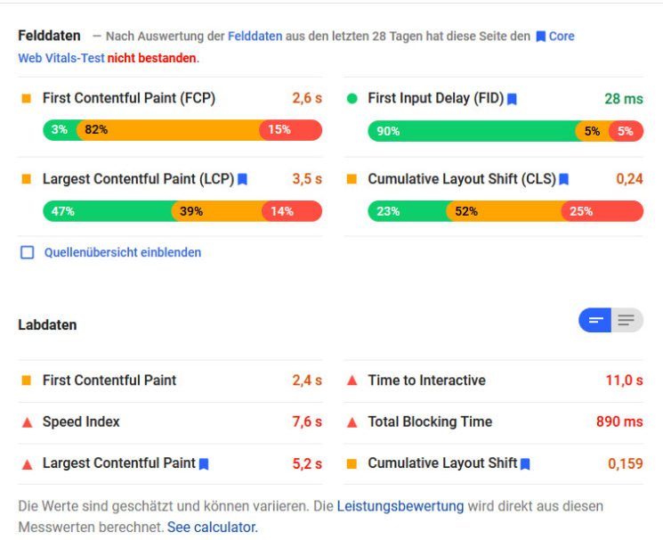 Pagespeed Insights Felddaten