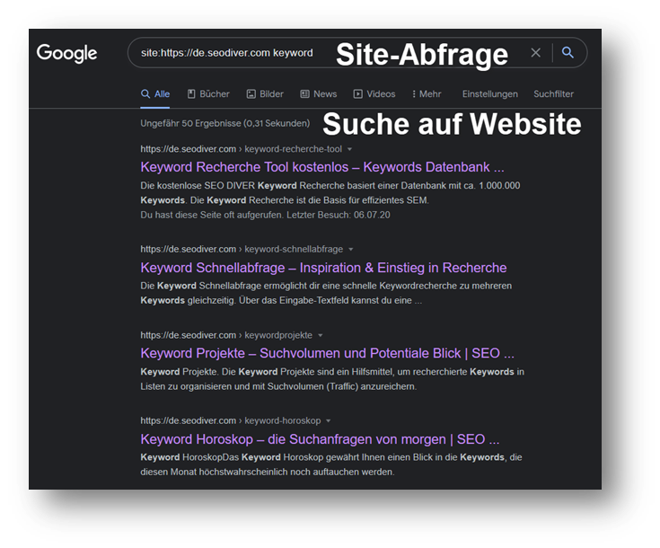 Screenshot Site-Abfrage