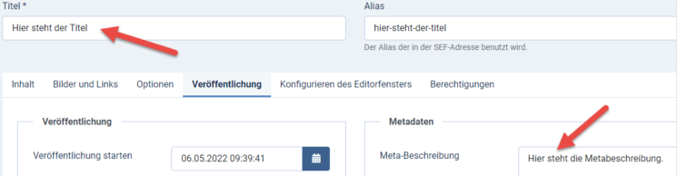 Metadaten in Joomla