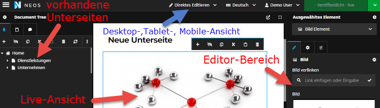 SEO für Neos - dreigeteilter Bildschirm