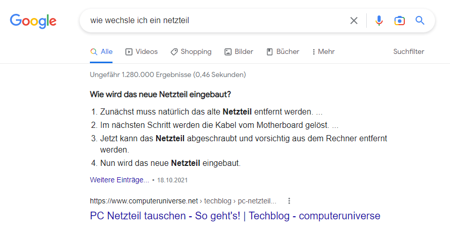 SERP Features - Netzteil wechseln