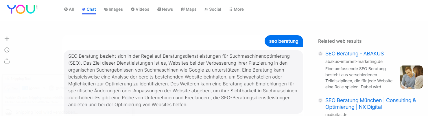 Alternative Suchmaschinen You.com Chatmodus