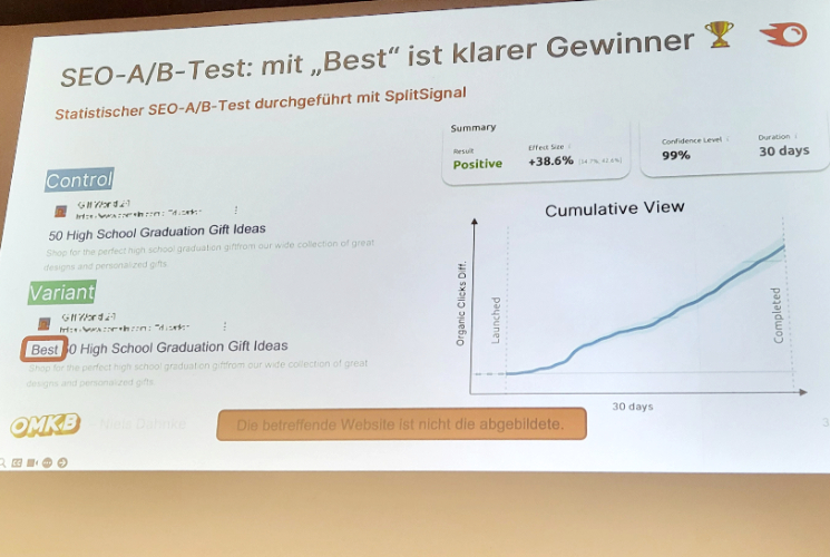 OMKB 2023 Vortrag A B Tests Semrush mit Niels Dahnke Beispiel positiver AB Test