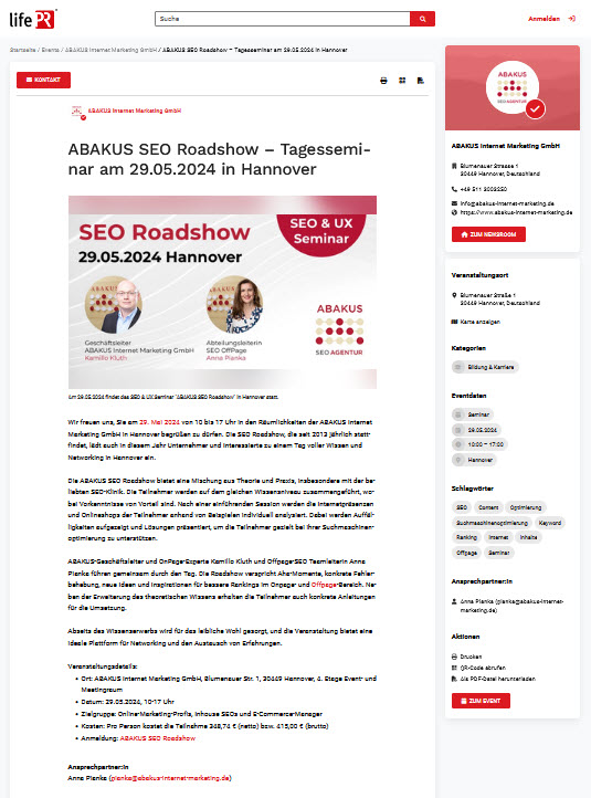 Eventeintrag SEO Roadshow
