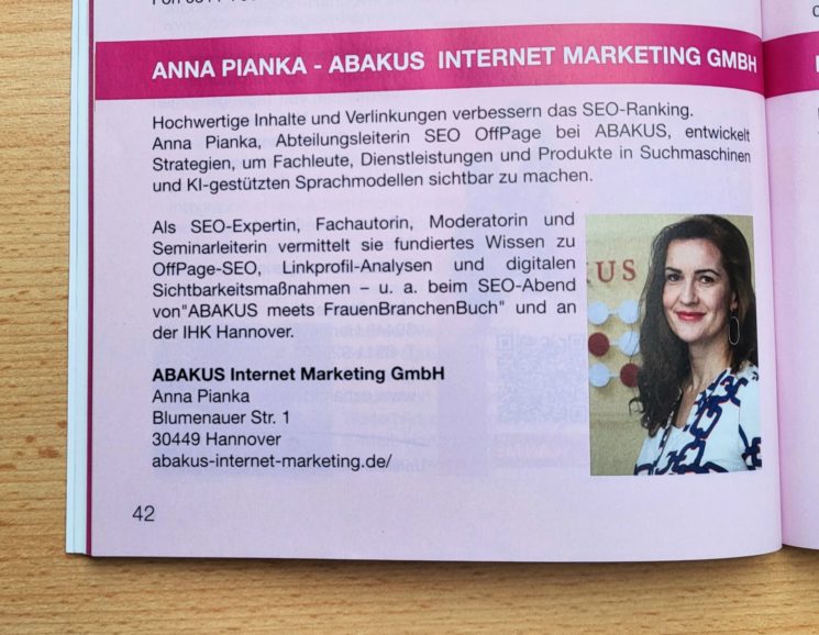 Eintrag SEO Expertin Anna Pianka von der ABAKUS Internet Marketing GmbH