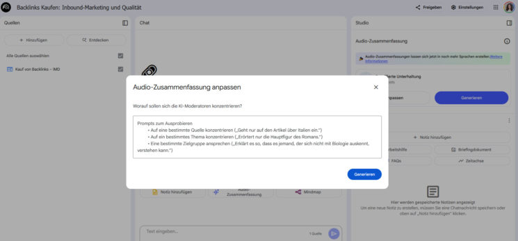NotebookLM Audio-Zusammenfassung anpassen
