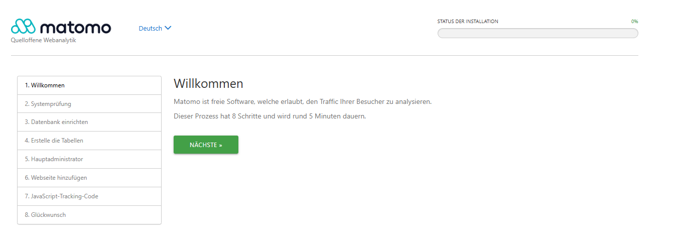 Matomo Installationsassistent - Willkommen