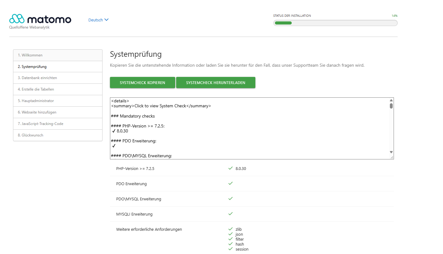 Matomo Installationsassistent - Systemprüfung