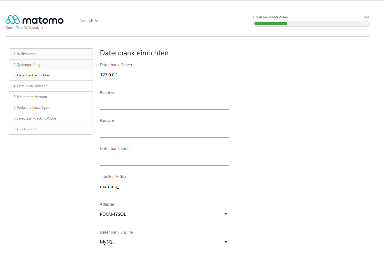 Matomo Installationsassistent - Datenbank einrichten