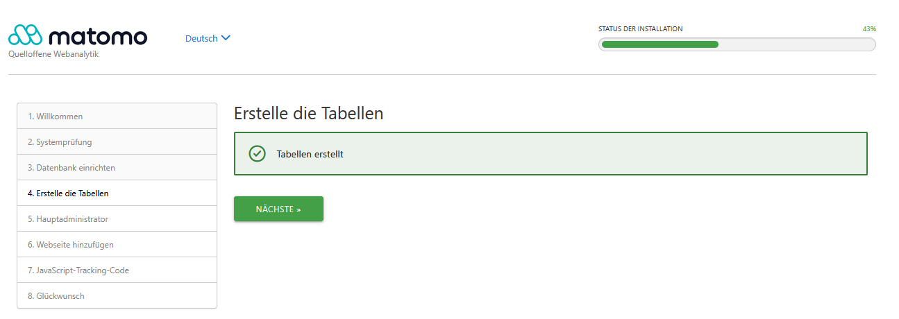Matomo Installationsassistent - Tabellen erstellen