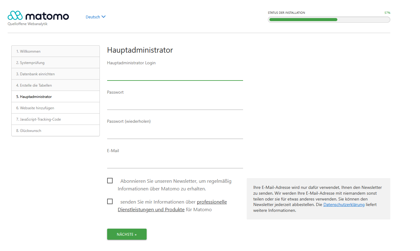 Matomo Installationsassistent - Hauptadministrator anlegen