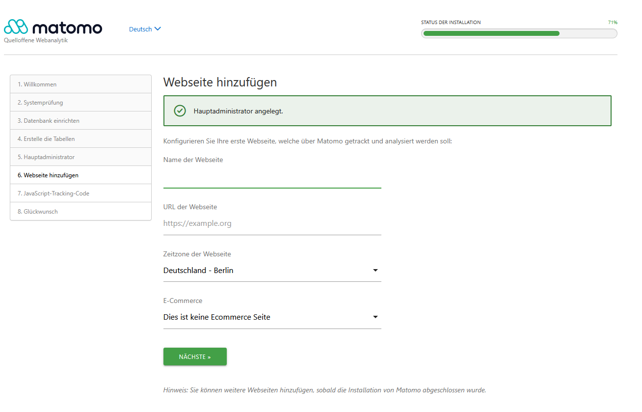 Matomo Installationsassistent - Website hinzufügen