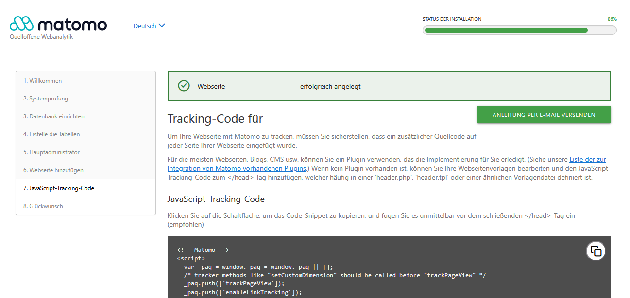 Matomo Installationsassistent - JavaScript-Tracking-Code