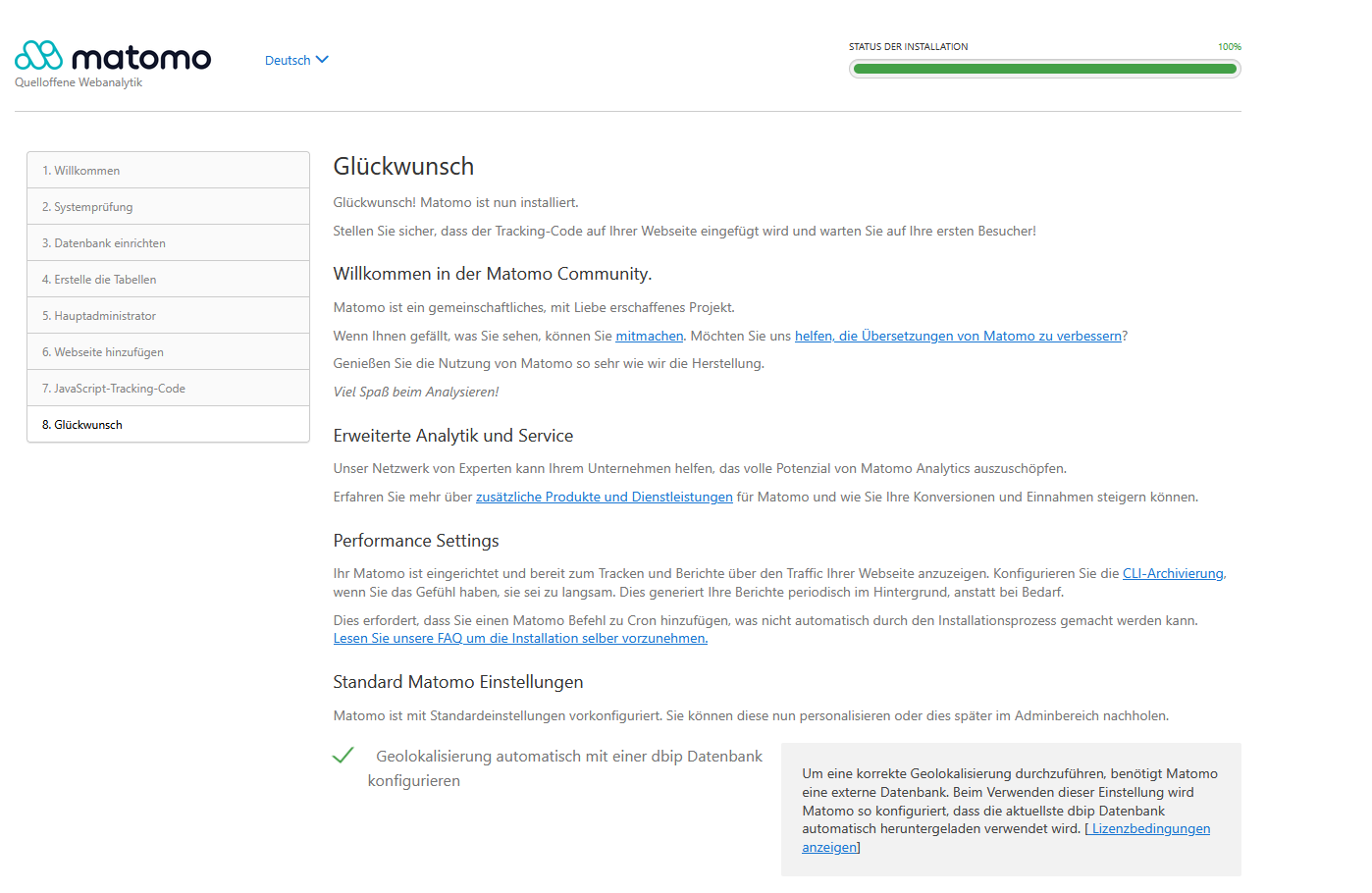 Matomo Installationsassistent - Glückwunsch und Fertigstellung